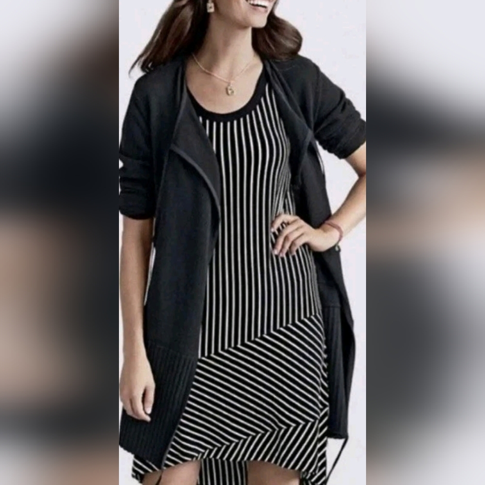 CAbi Black and White Striped Sleeveles Midi Dress